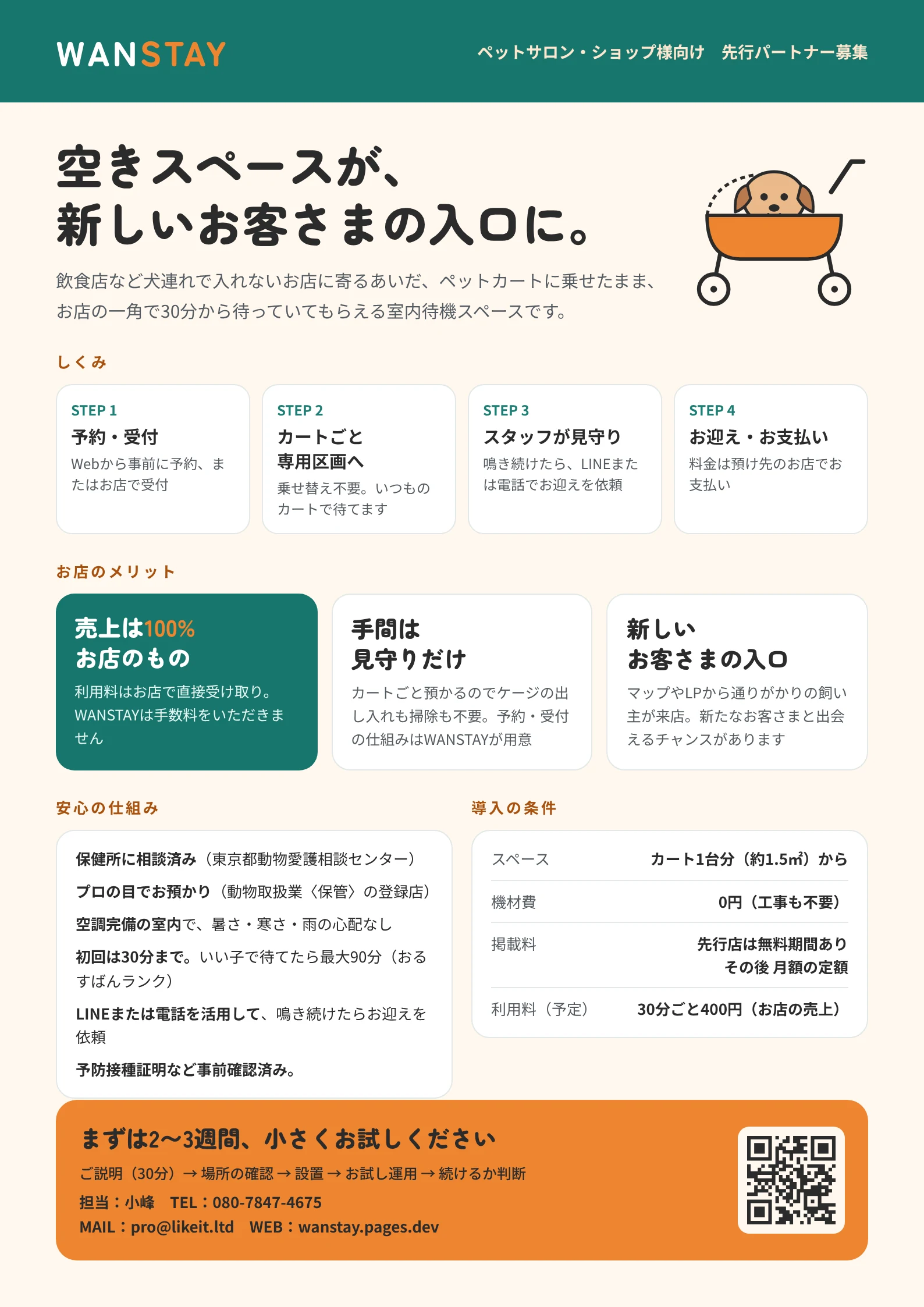 WANSTAY 提携店のご案内（A4・1枚）。しくみ、お店のメリット、安心の仕組み、導入の条件をまとめた資料